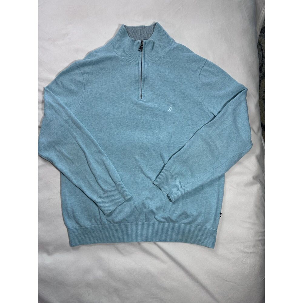Nautica Mint Green Tonal Logo 1/4 Zip Cotton Knit Sweater - Large